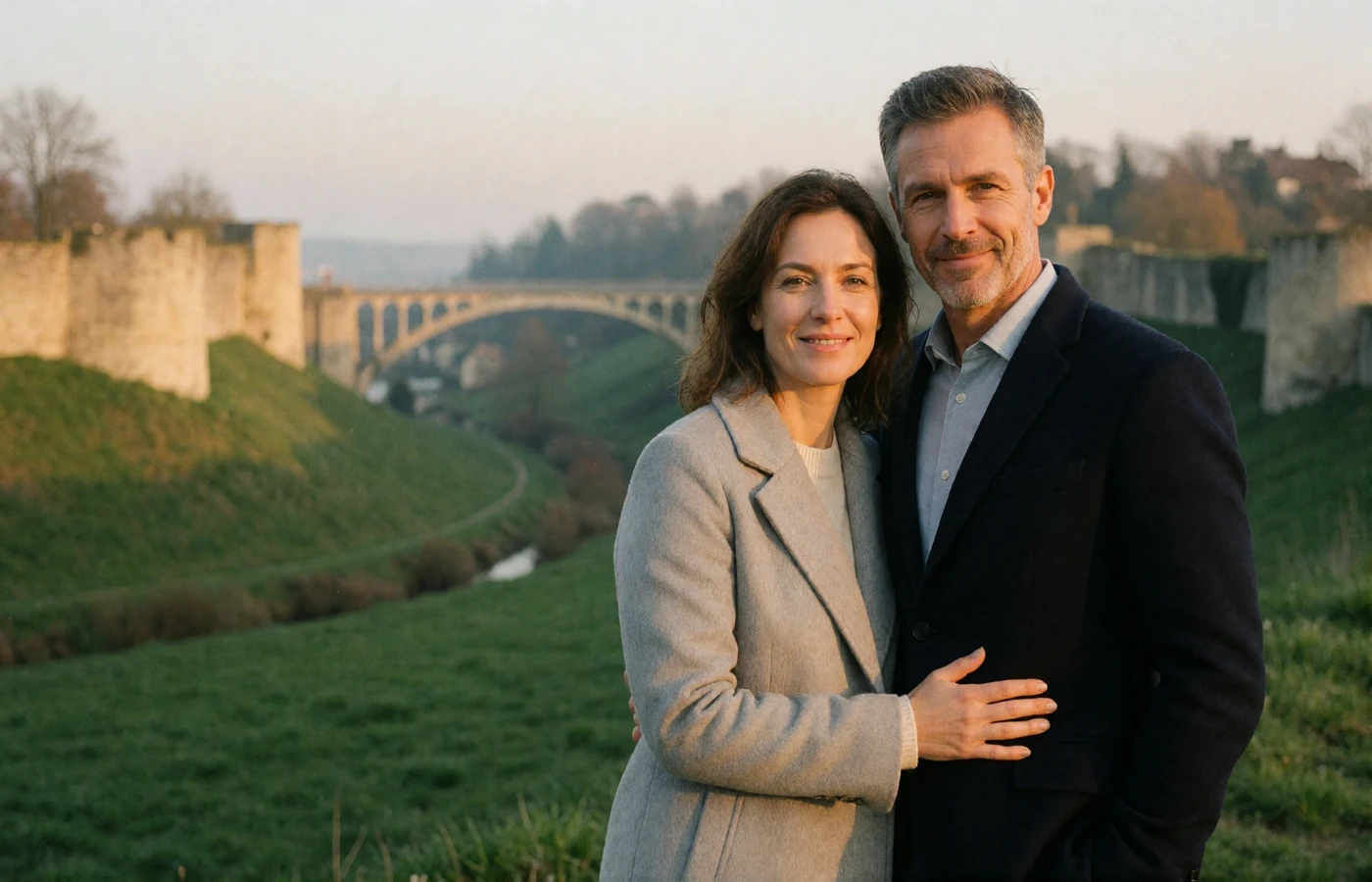 Couple in their forties standing together above the green Alzette valley near Luxembourg City's ramparts