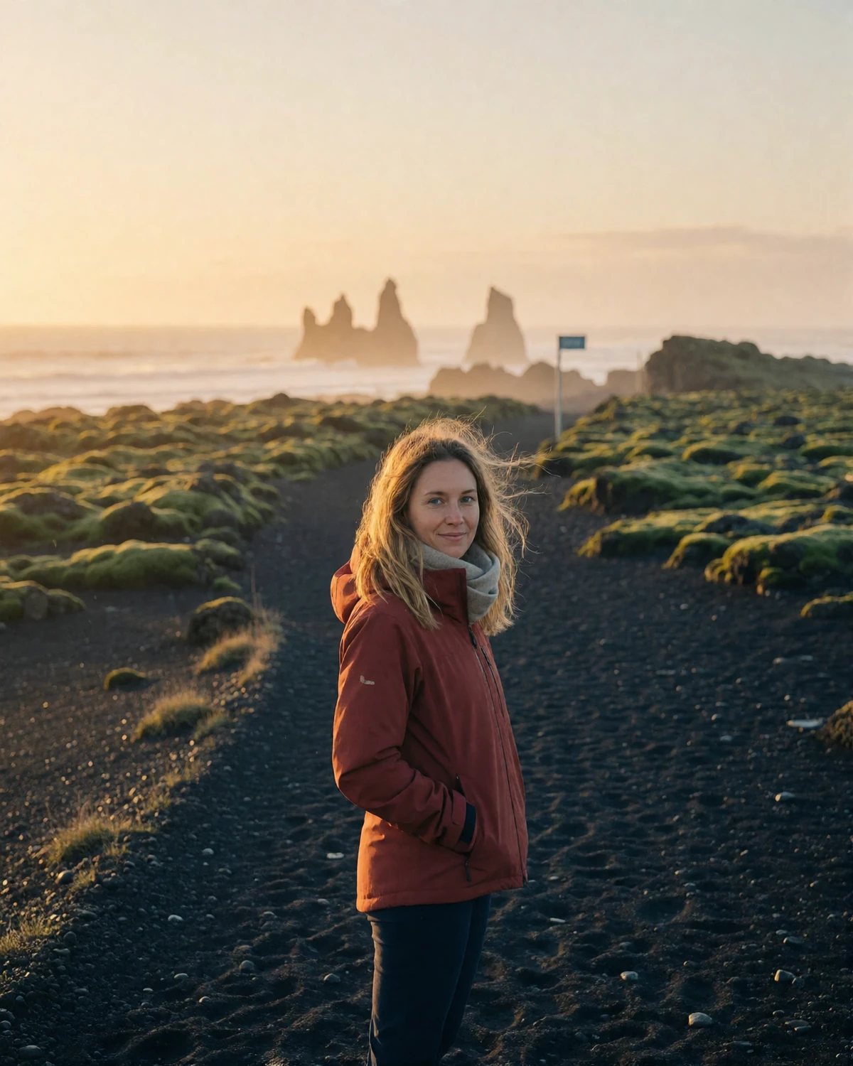 Icelandic woman in a rust jacket walking along a black-sand coastal path near basalt sea stacks at golden hour