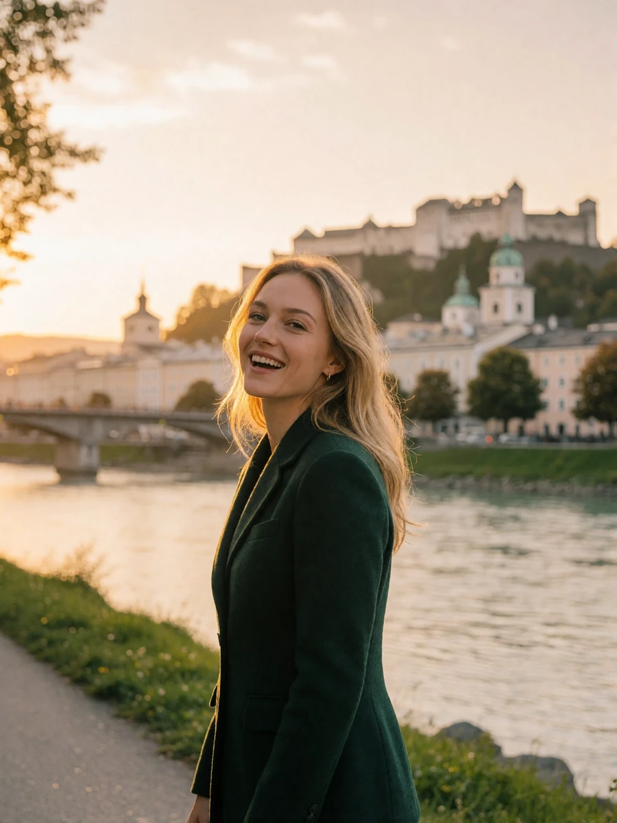 Blonde Austrian woman in a forest-green jacket laughing on a Salzburg riverside walk at sunset