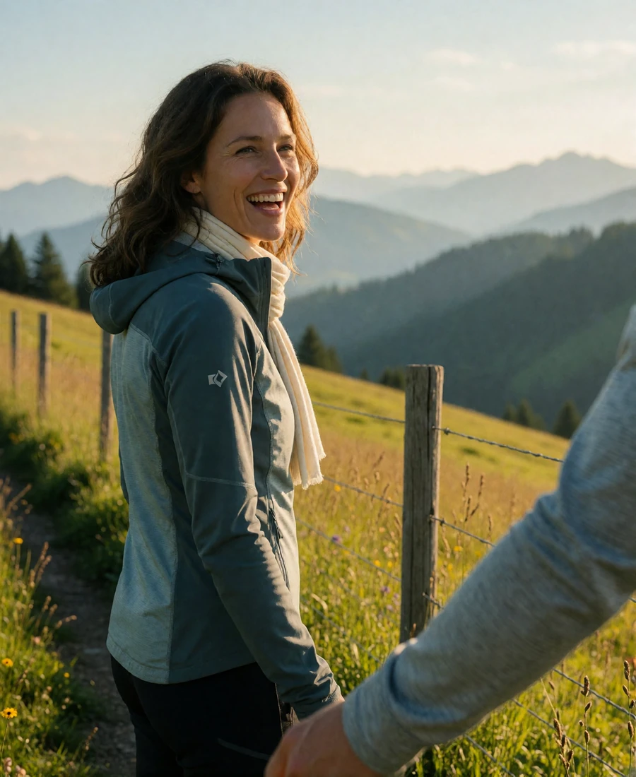 German woman laughing on an alpine meadow trail while glancing back at her partner during a hike
