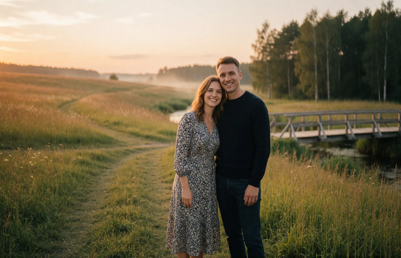 Couple in their late thirties embracing beside a wooden footbridge in the Latvian countryside at dusk