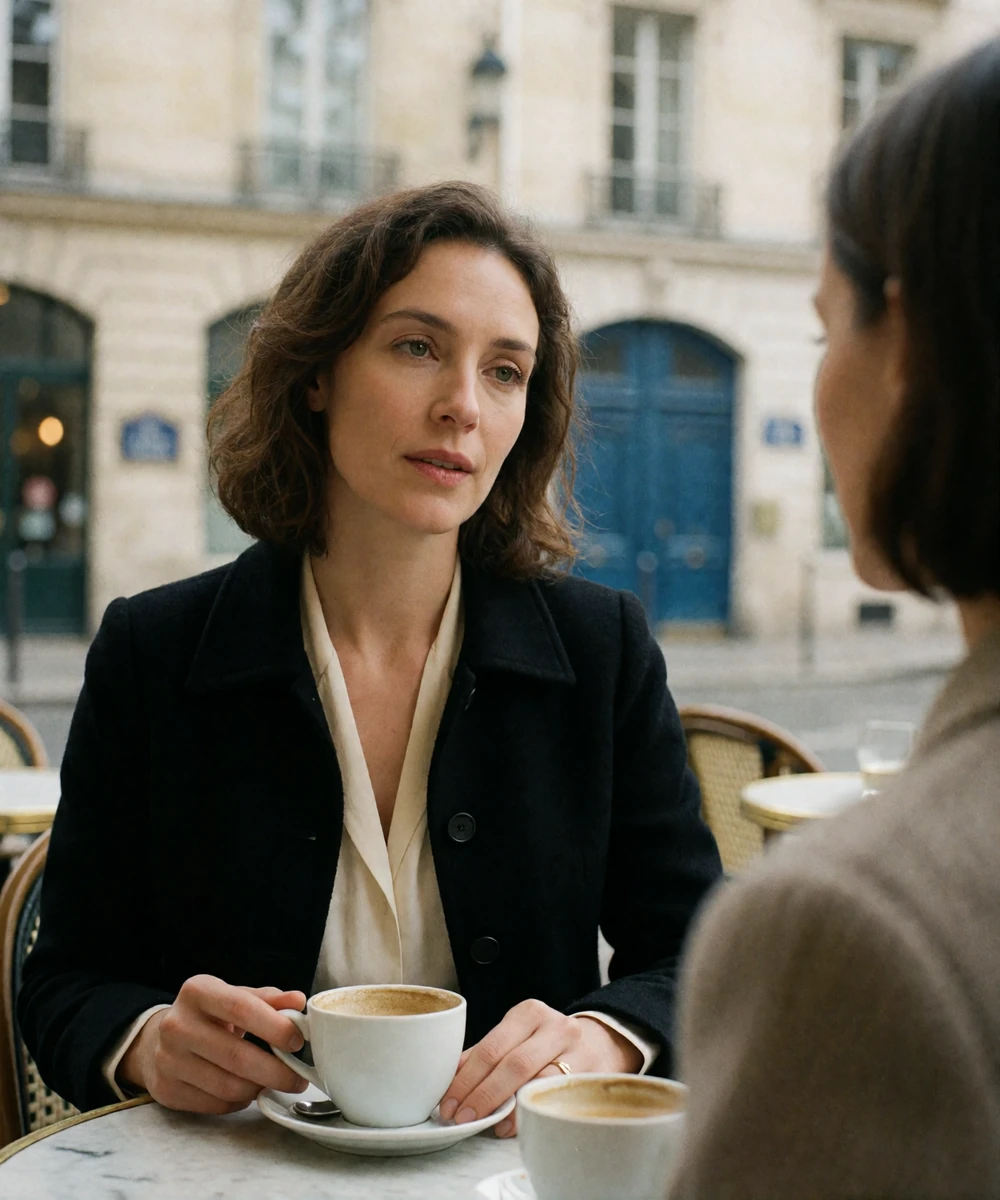 French woman in a black jacket in thoughtful conversation at a quiet Parisian café table
