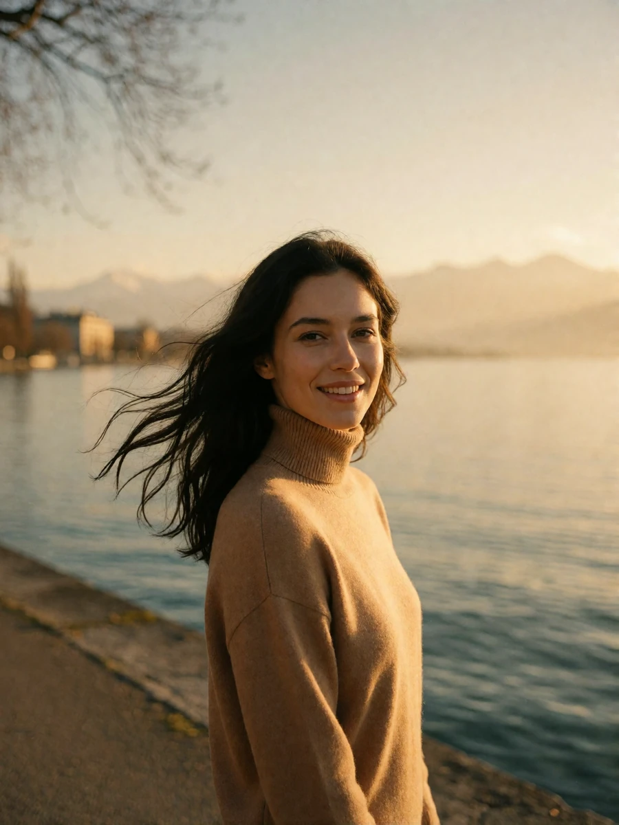 Dark-haired Swiss woman in a camel turtleneck smiling on the Geneva lakeside promenade at sunset