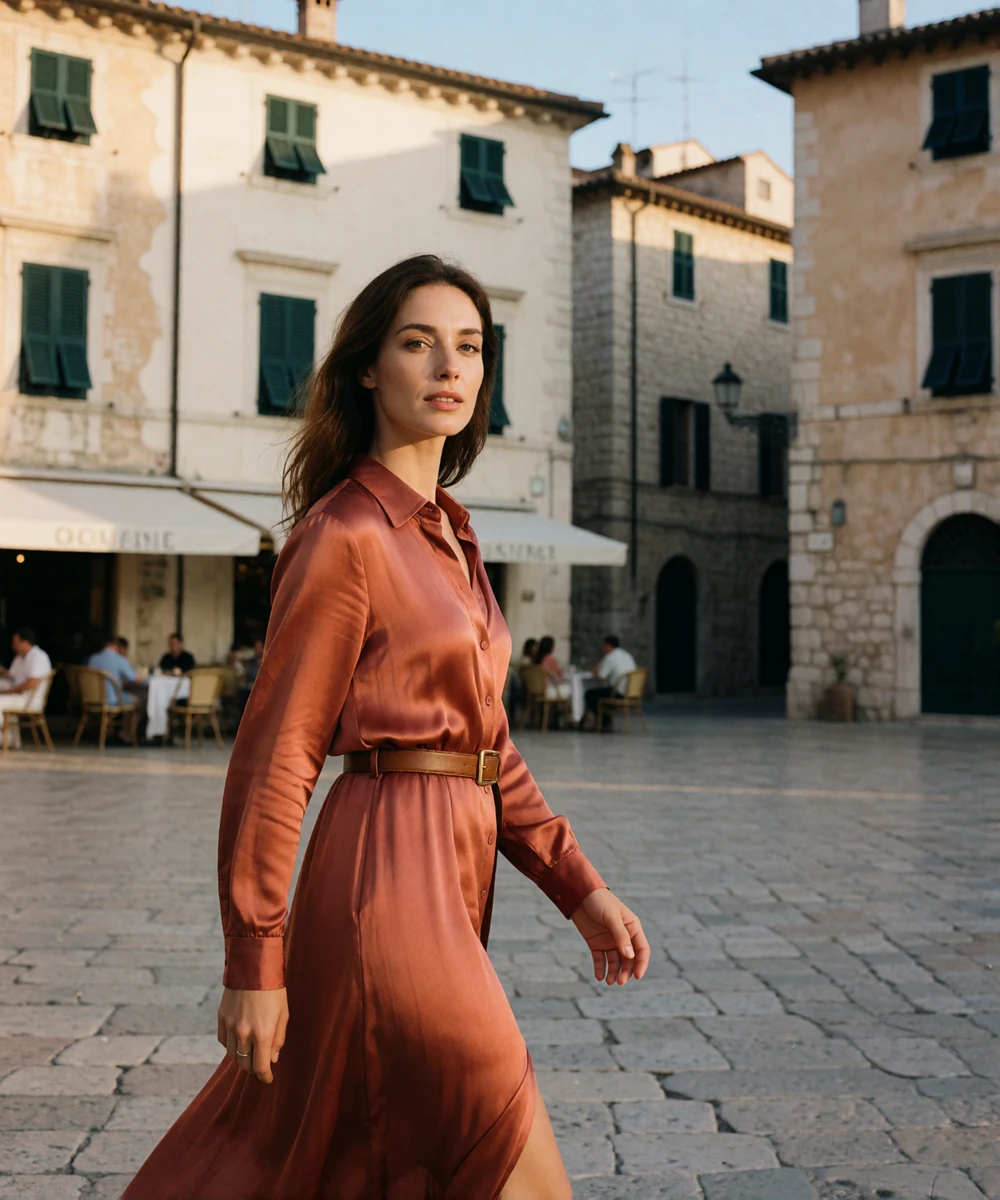 Italian woman in a terracotta dress walking through a historic piazza at golden hour before dinner