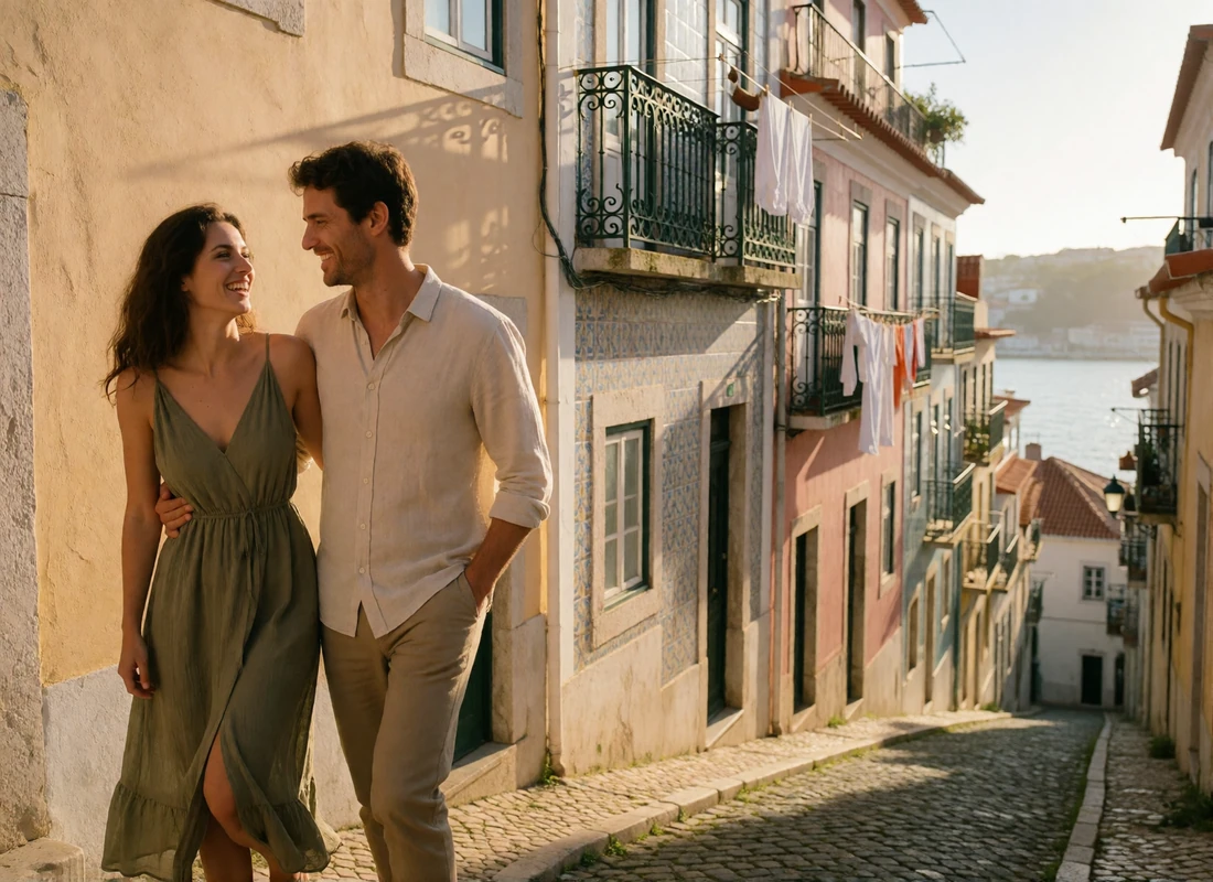 Couple laughing together while walking a steep cobbled street lined with pastel tiled façades in a Portuguese hillside town
