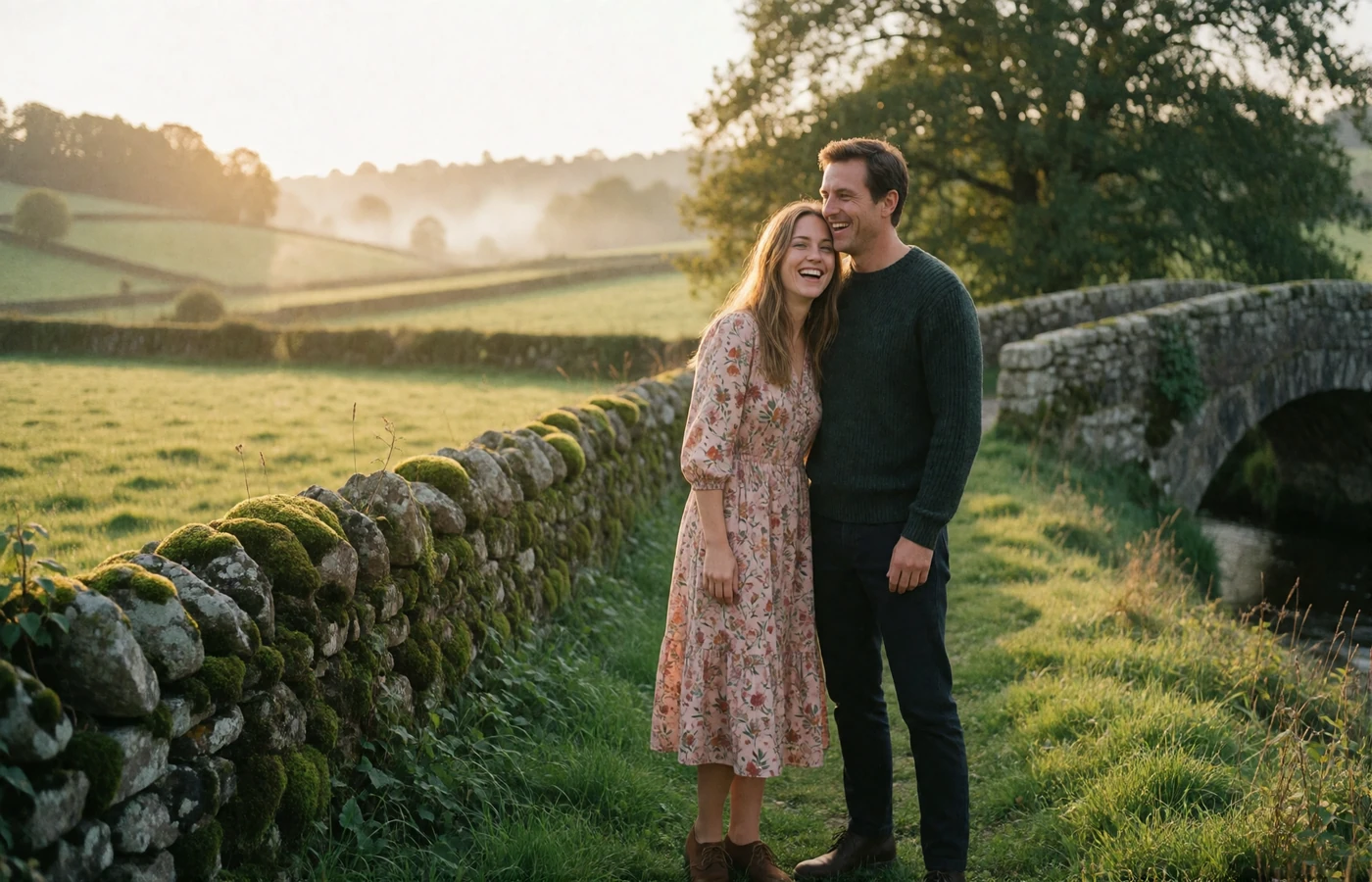 Couple in their late thirties laughing together beside a stone packhorse bridge in the green English countryside