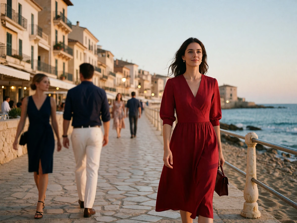 Spanish woman in a red dress walking along a lively seaside promenade at dusk