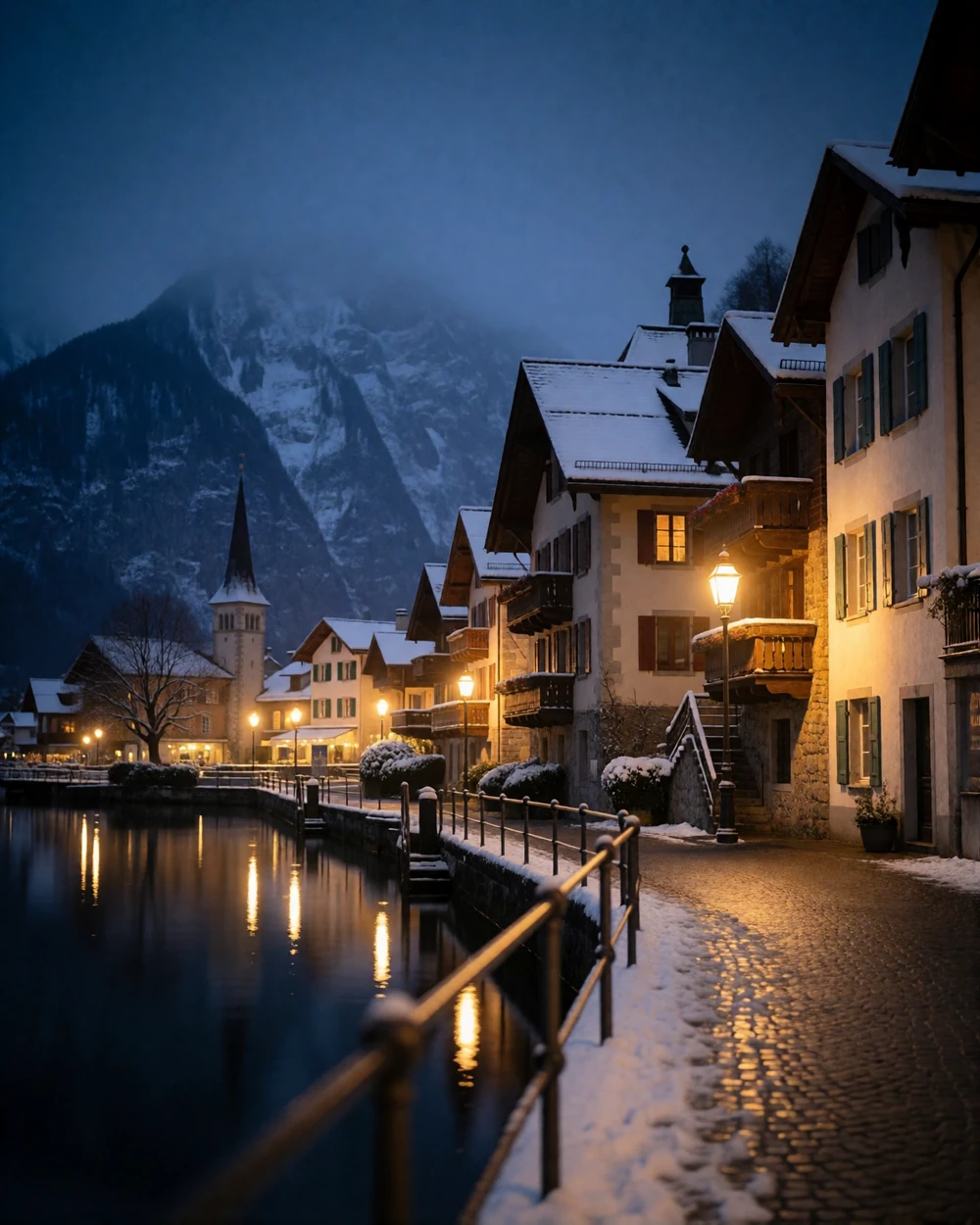 Swiss lakeside town at dusk in winter with lit windows and snow-dusted mountains behind