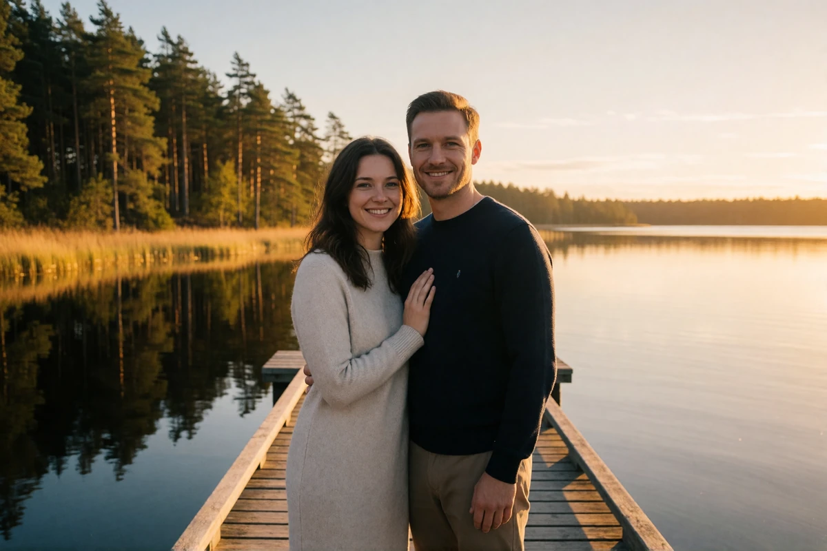 Couple in their thirties smiling together on a wooden pier over a calm Baltic lake at sunset