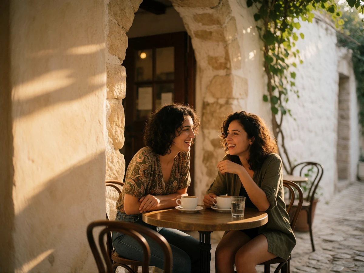 Cypriot woman laughing with a friend over coffee at a shaded stone village cafe