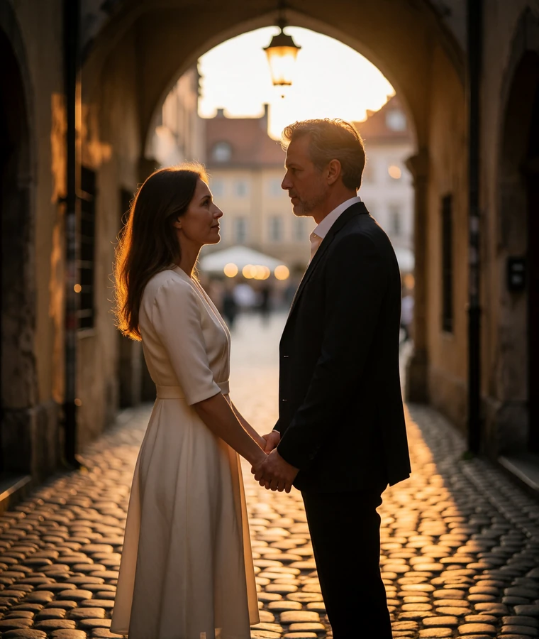 Couple in their forties dancing together in a lamplit European alley at dusk