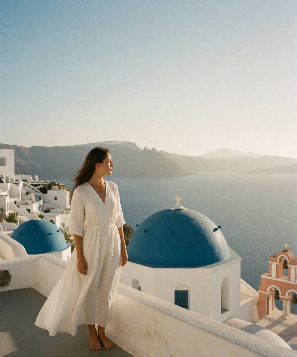 Woman in a white linen dress on a Santorini terrace looking across the caldera toward blue-domed churches