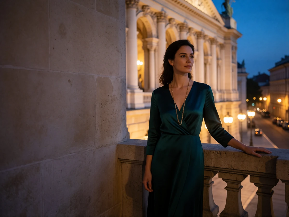 Elegant woman in an emerald evening dress standing alone on a stone opera house balcony overlooking a European city at dusk