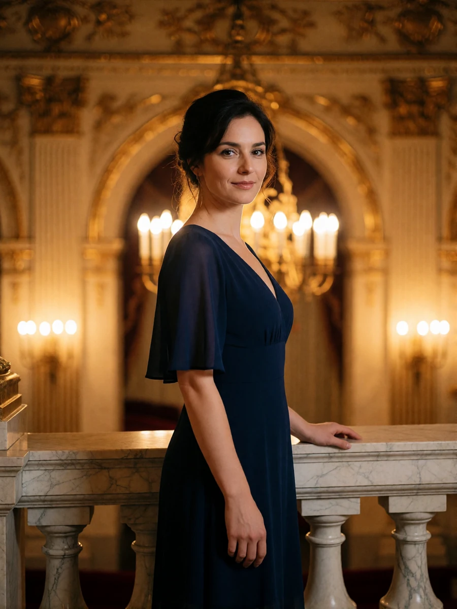 Austrian woman in a midnight-blue evening dress standing in a grand theatre foyer with gilded plasterwork