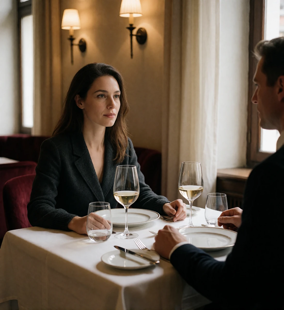 Elegant European woman listening attentively across the table from her date during a calm first-date dinner