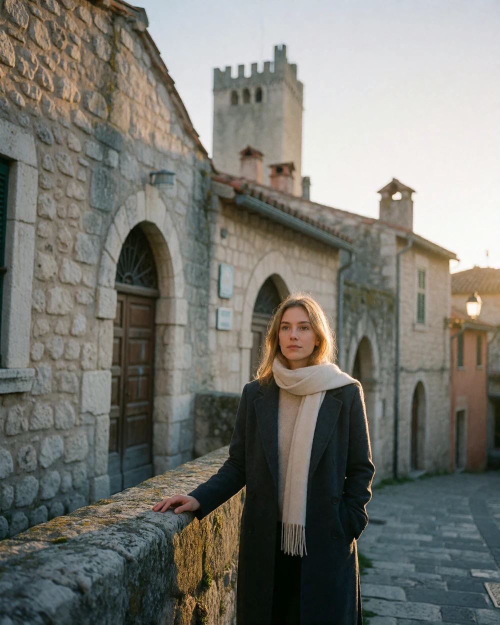 Estonian woman in a charcoal coat walking a medieval limestone street in a Baltic old town at golden hour