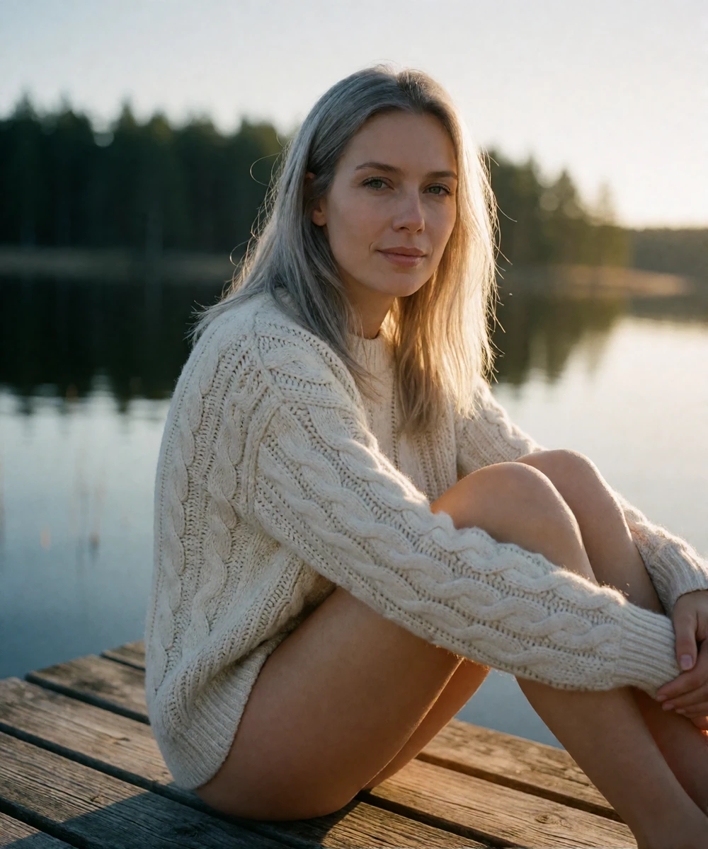 Finnish woman in a cream knit sweater sitting on a wooden jetty by a still lake at sunset