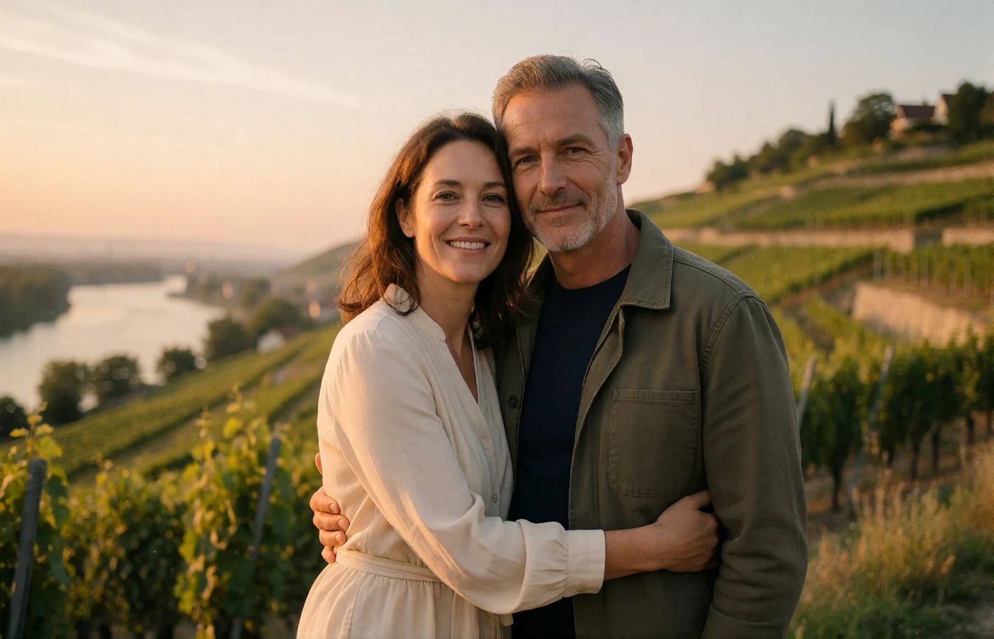 Couple in their late forties standing together among terraced vineyards outside Vienna at sunset