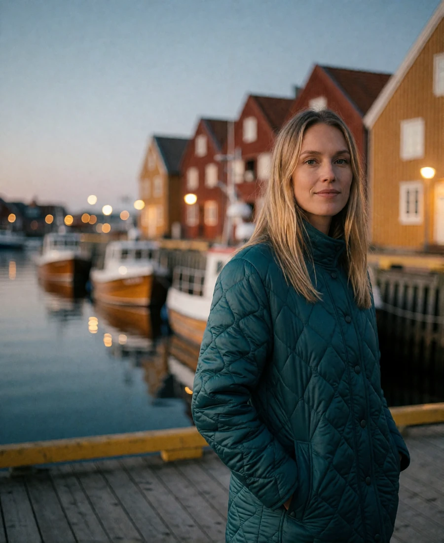 Norwegian woman in a teal coat standing on a wooden harbour boardwalk at twilight