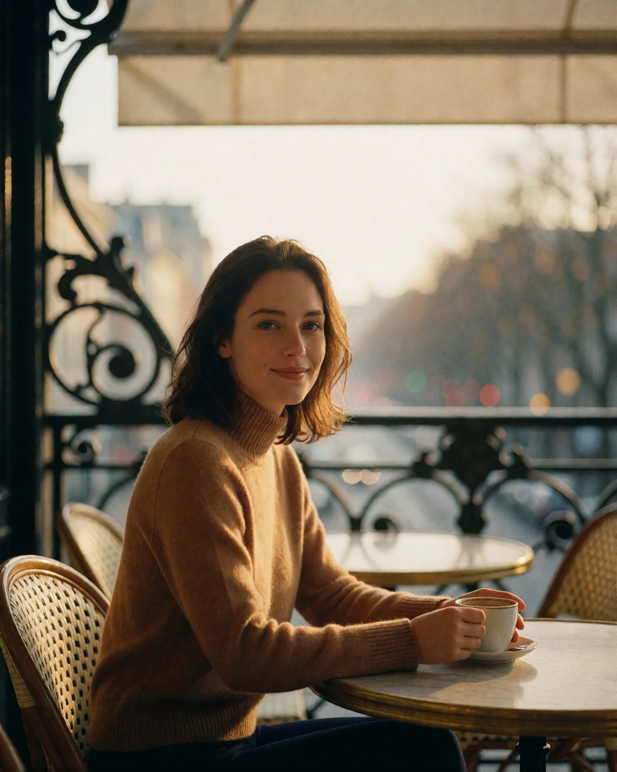Belgian woman in a caramel sweater smiling over coffee at a marble café table on a Brussels terrace
