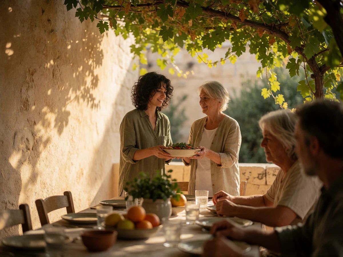 Young Maltese woman passing a serving dish to an older relative at a shaded Sunday lunch gathering on a stone terrace