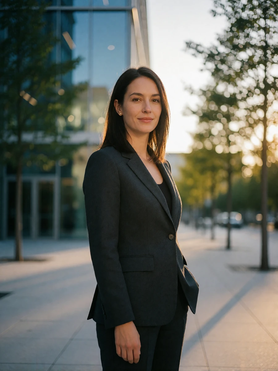 Woman in a charcoal suit smiling on a modern plaza in Luxembourg's Kirchberg district