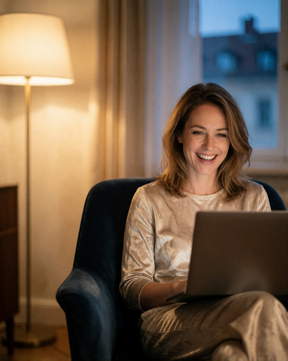 European woman laughing during an evening video call from a softly lit apartment interior