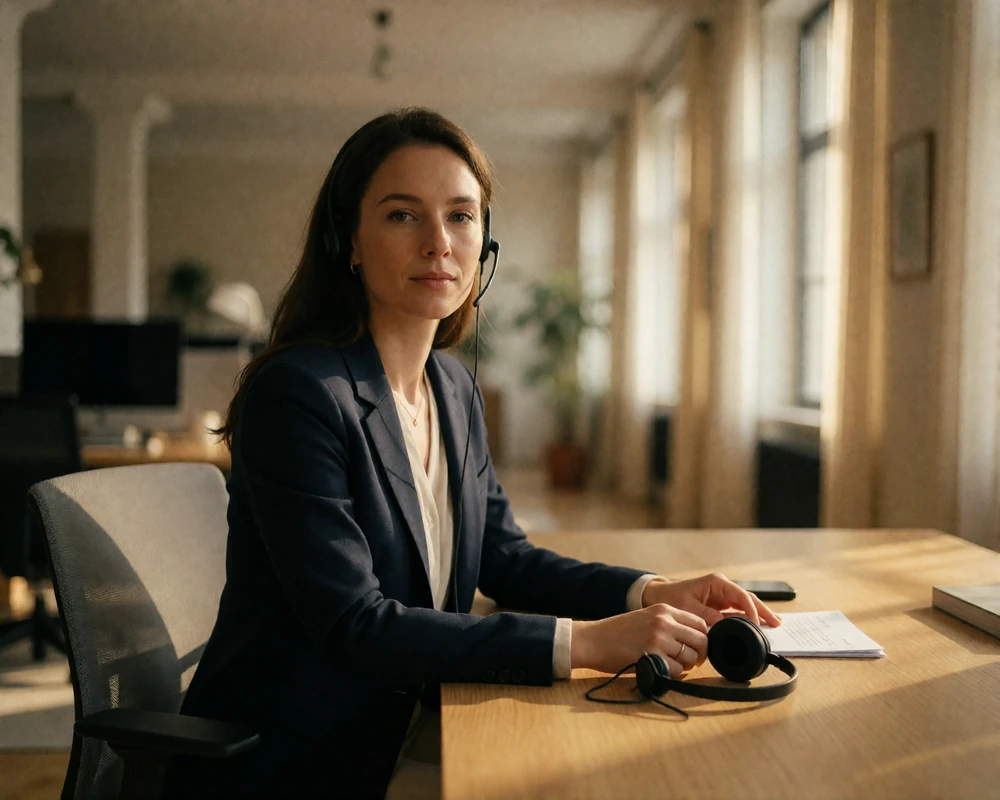 Female member support specialist in a navy blazer working attentively at a desk in a modern office