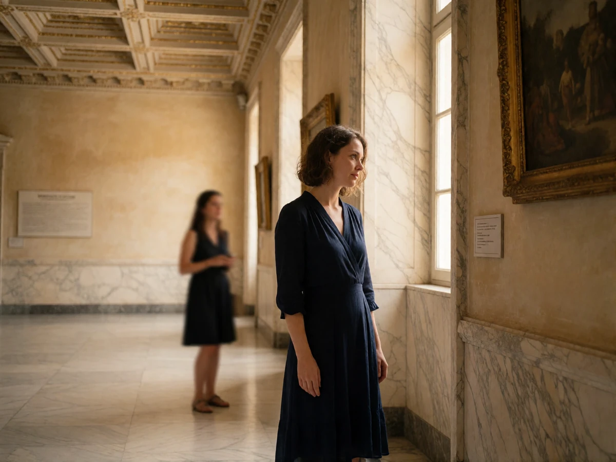 Refined woman in a navy dress studying artwork in a sunlit marble hall of a historic Roman palace