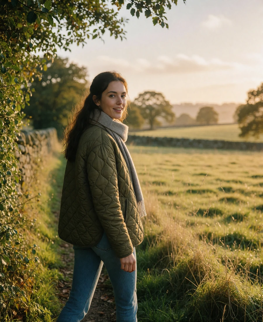 British woman in an olive quilted jacket glancing back on a hedgerow path in the English countryside