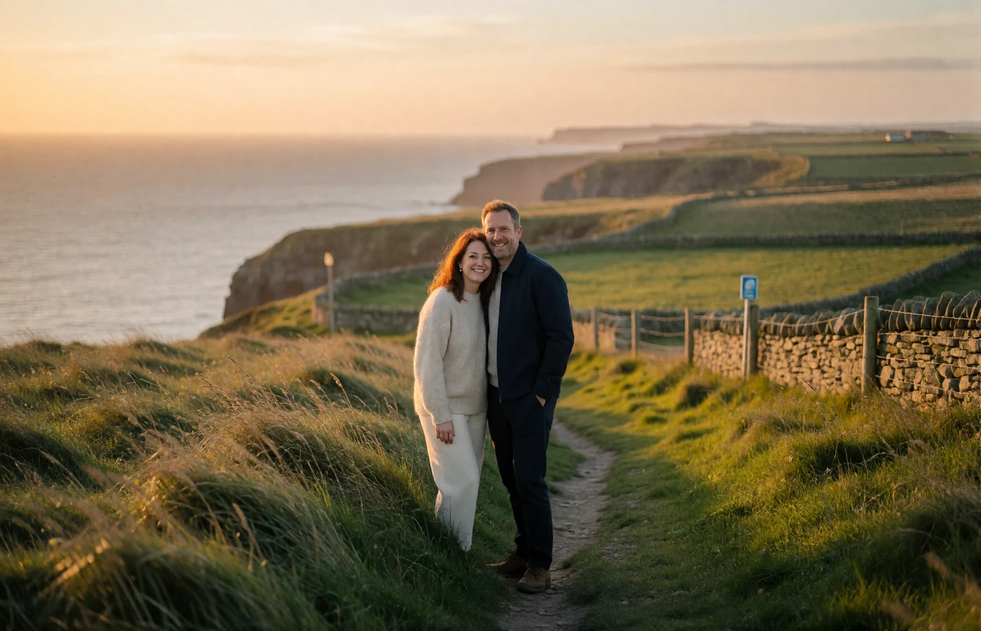 Couple smiling together on a grassy Atlantic clifftop path in the Irish countryside at golden hour