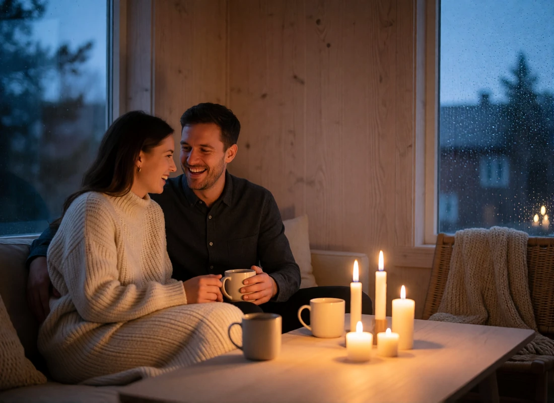 Couple laughing together over coffee beside glowing candles in a warm Scandinavian living room