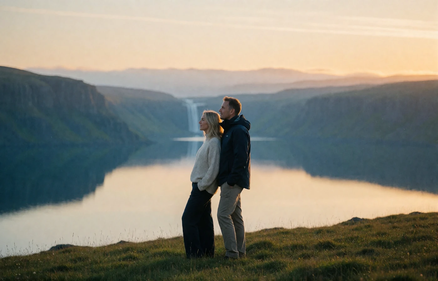 Couple standing together on a grassy ridge above a mirror-calm Icelandic fjord at golden hour