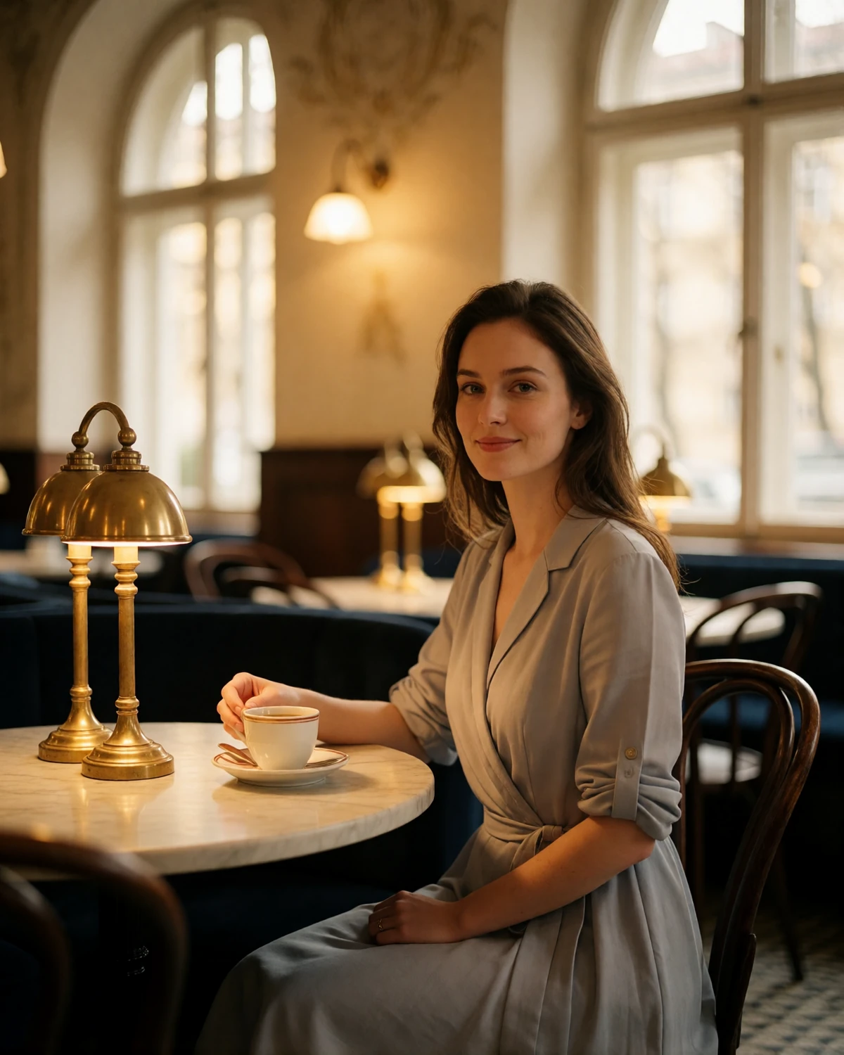 Elegant Austrian woman in a dove-grey dress sitting at a marble table in a historic Vienna coffee house