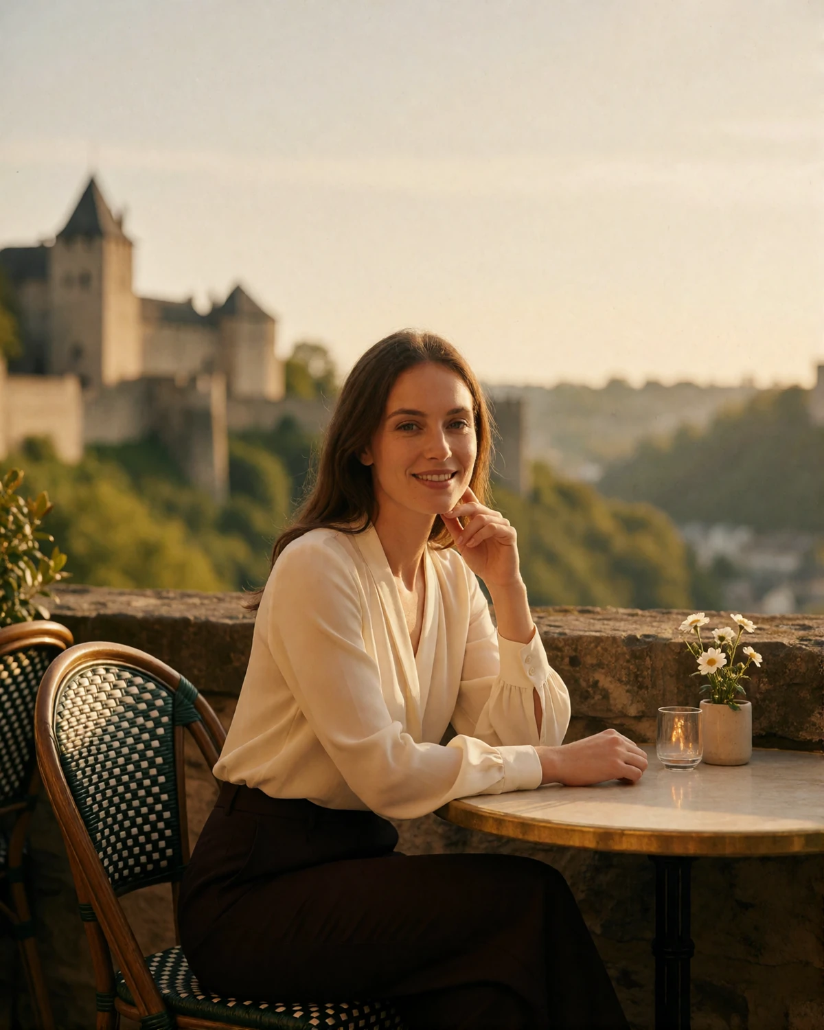 Elegant woman in a cream blouse smiling at a stone terrace table overlooking the Alzette valley in Luxembourg City