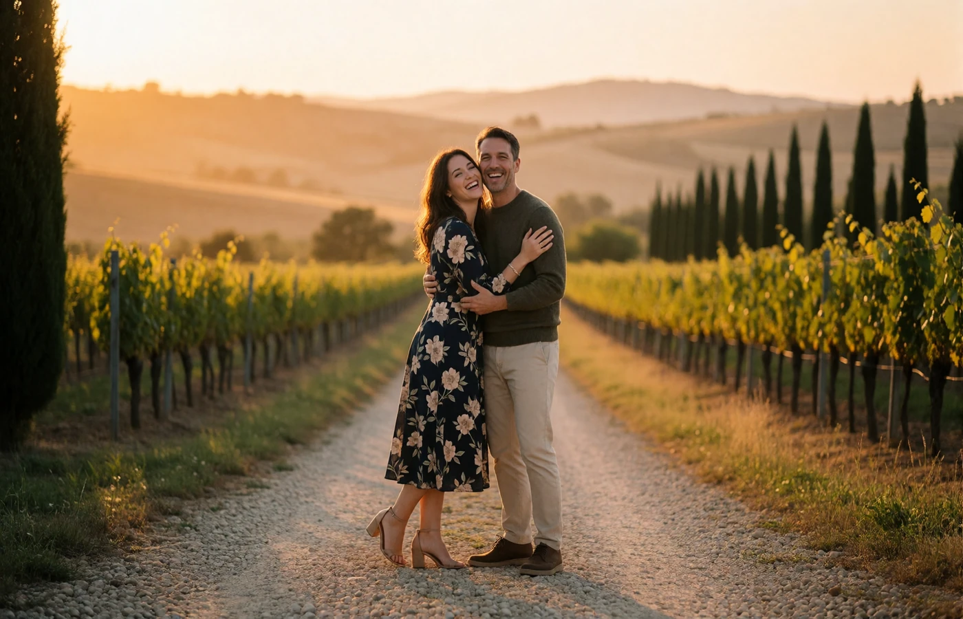 Couple in their late thirties laughing together on a gravel path among Tuscan vineyards at golden hour