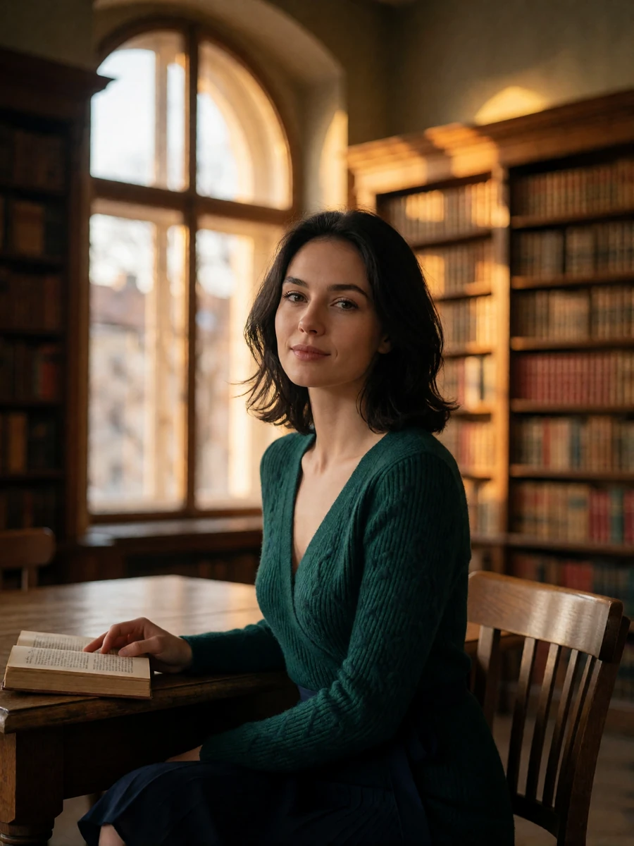 Dark-haired Latvian woman in an emerald dress seated by a tall arched window in a historic Riga library