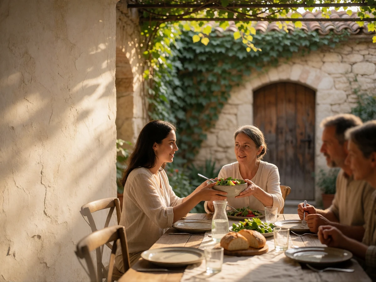 Family sharing a candid lunch at a stone courtyard table with fresh bread and a linen runner in warm afternoon light