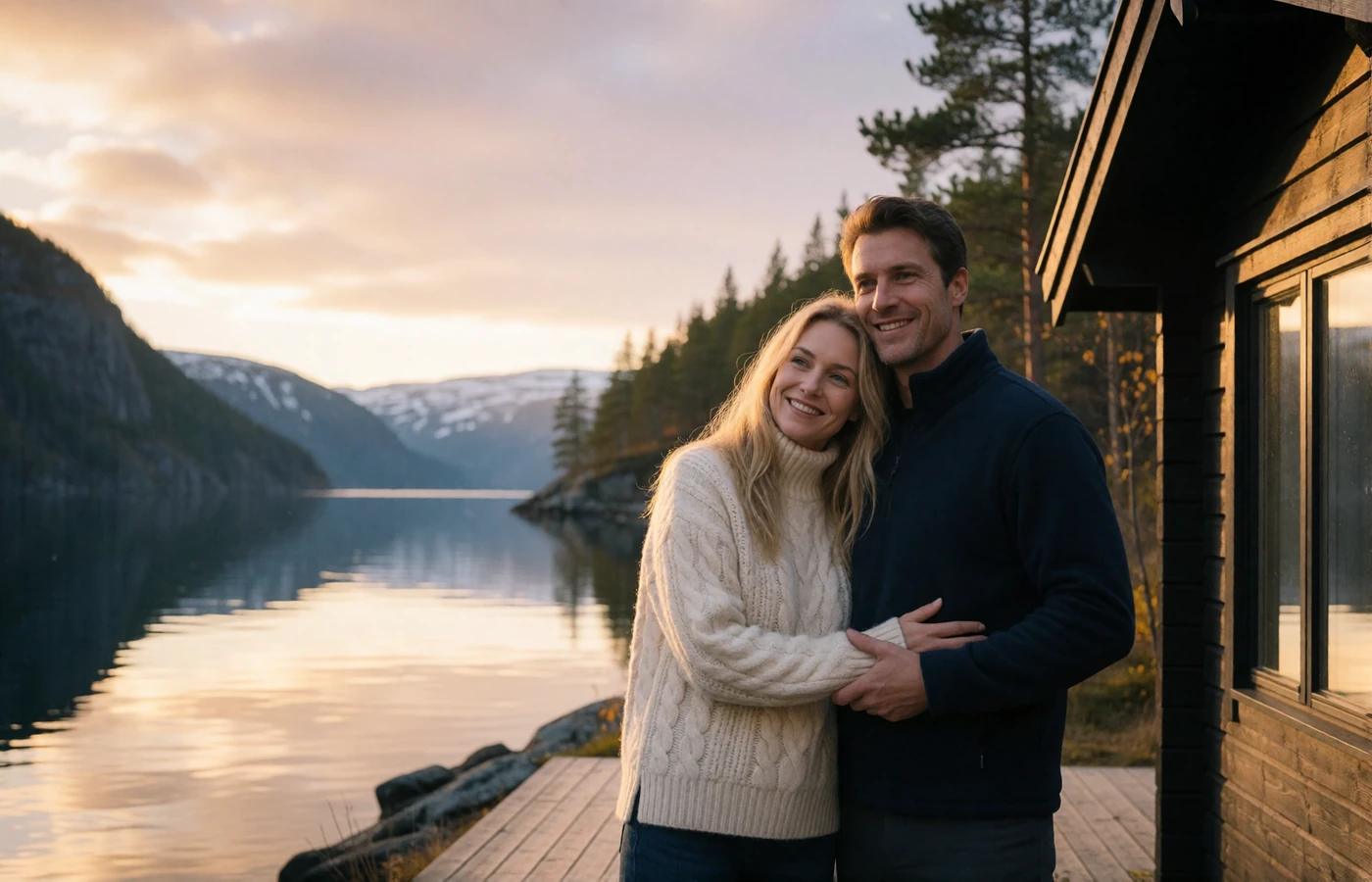 Couple in their late thirties standing together on a wooden deck beside a fjord at golden hour