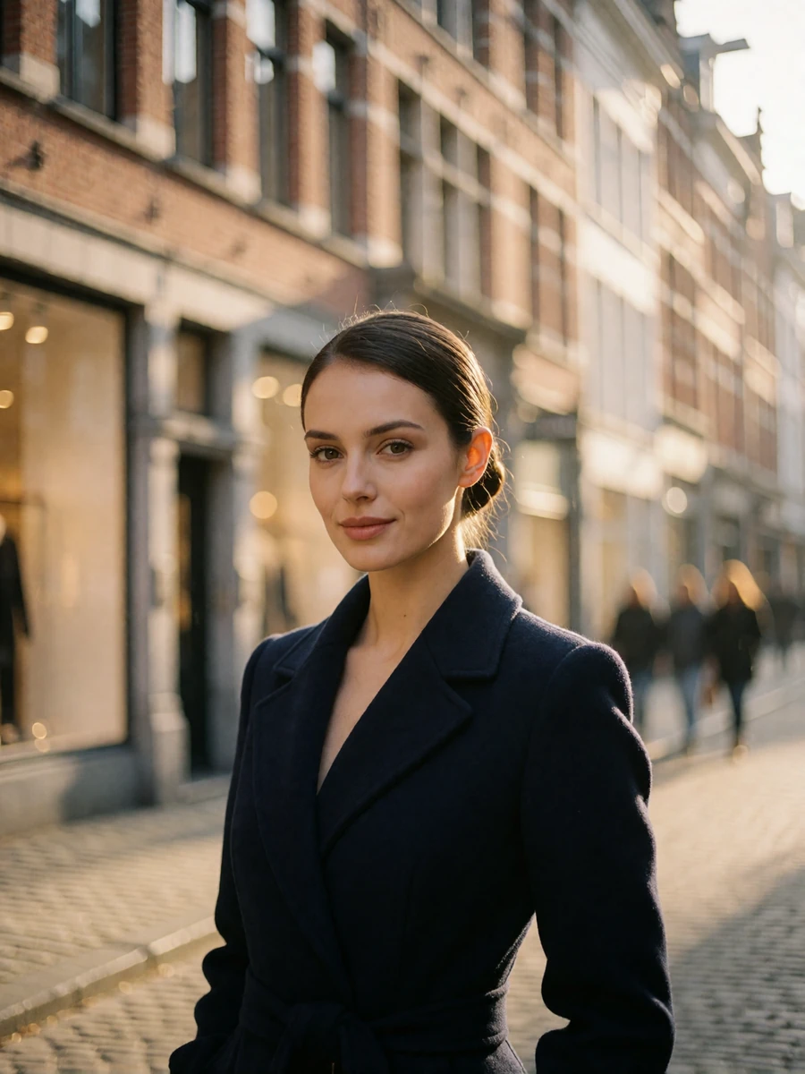 Belgian woman in a navy wool coat smiling confidently on a guild-house lined Antwerp shopping street