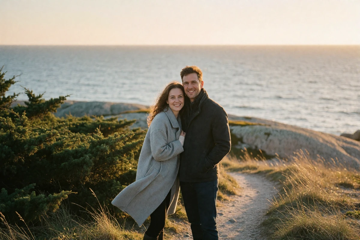 Couple in their thirties smiling together on a coastal path above a pale Baltic bay at golden hour