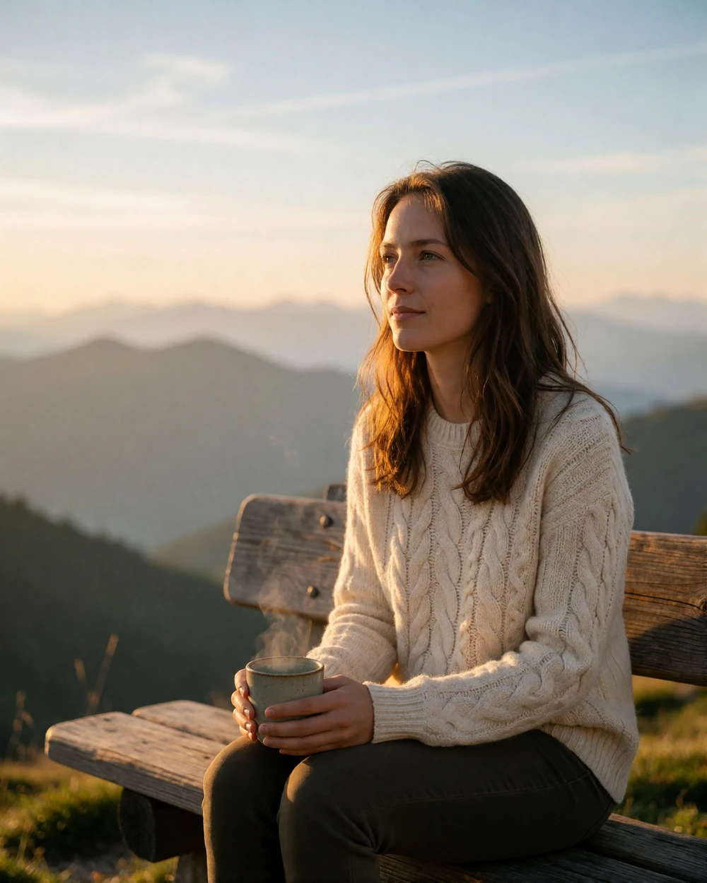 Andorran woman in a cream sweater sitting on a wooden bench overlooking Pyrenean mountain ridges