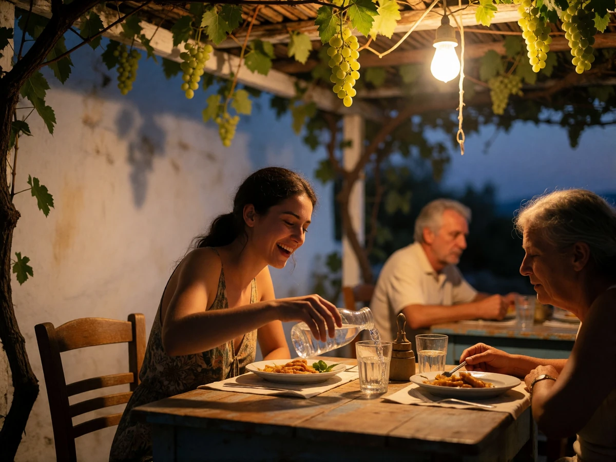 Young Greek woman laughing while pouring water at a family table in an open-air taverna at evening