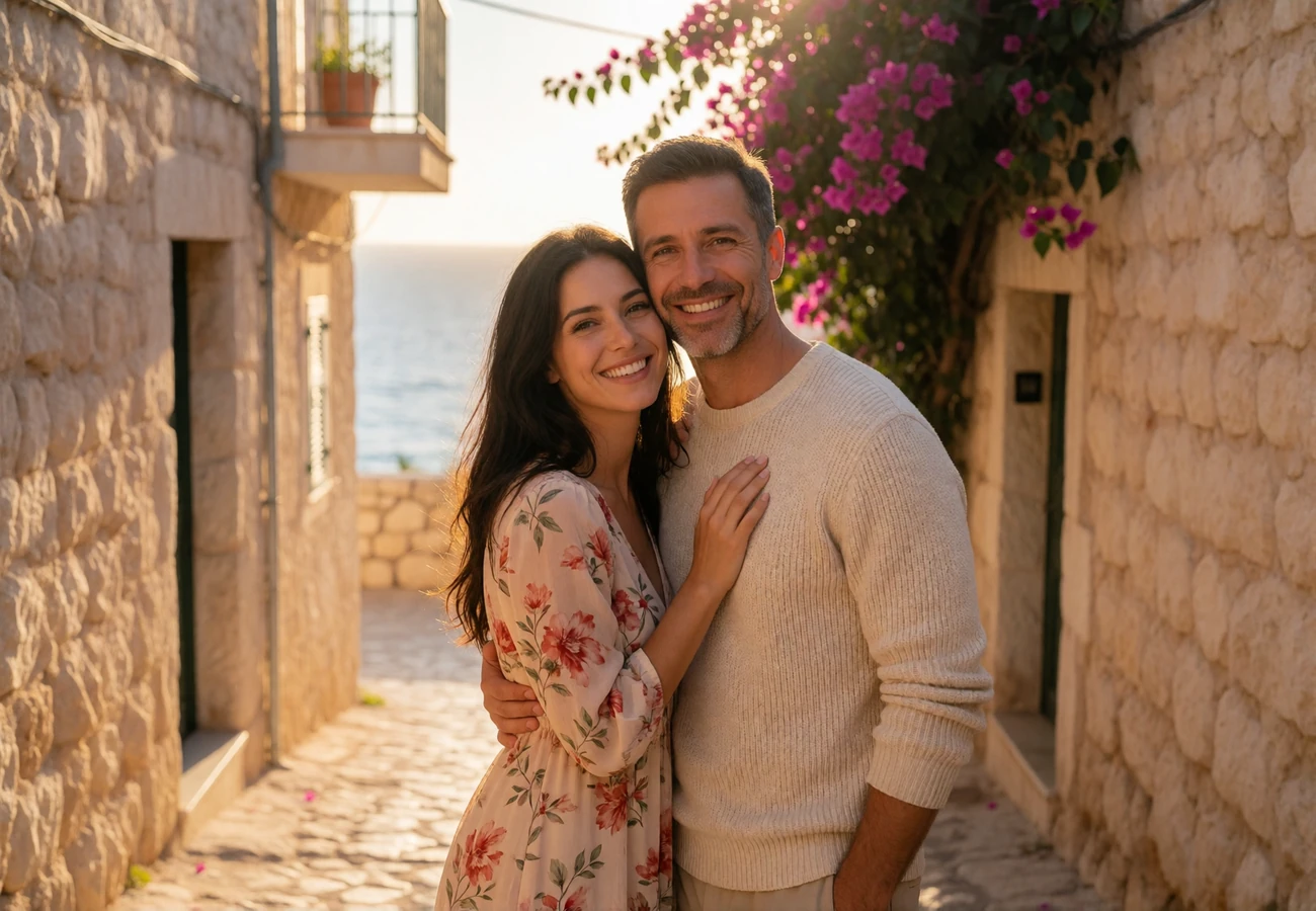 Couple in their late thirties embracing on a sun-warmed stone lane in a Mediterranean village