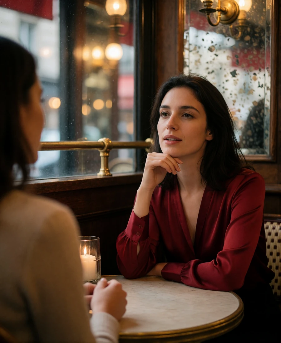 French woman in a red silk blouse leaning in mid-conversation at a small Parisian bistro table in the evening