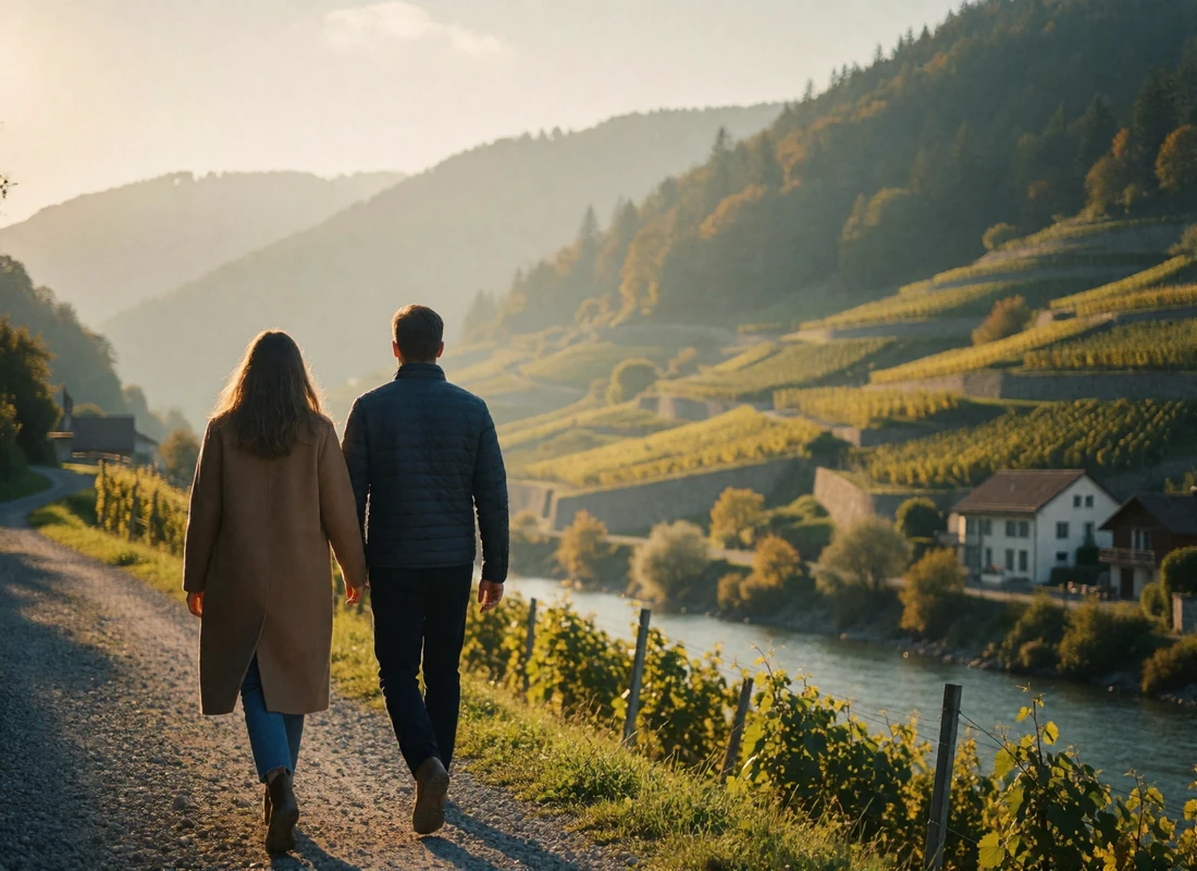 Couple walking along a gravel path above an Alpine river valley with vineyard terraces and forested slopes
