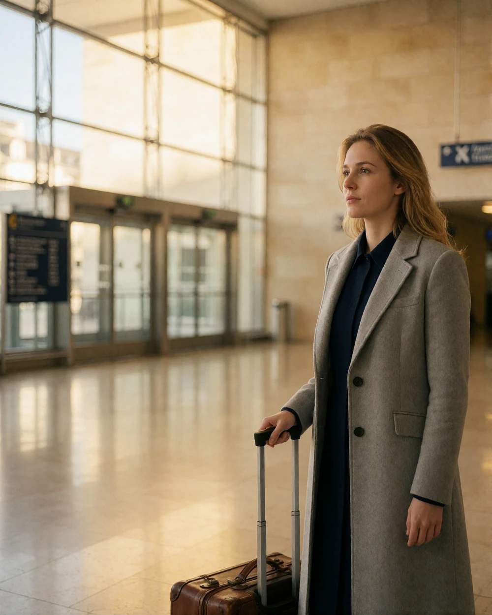 European woman with a suitcase arriving in an airport terminal, ready to relocate for her partner