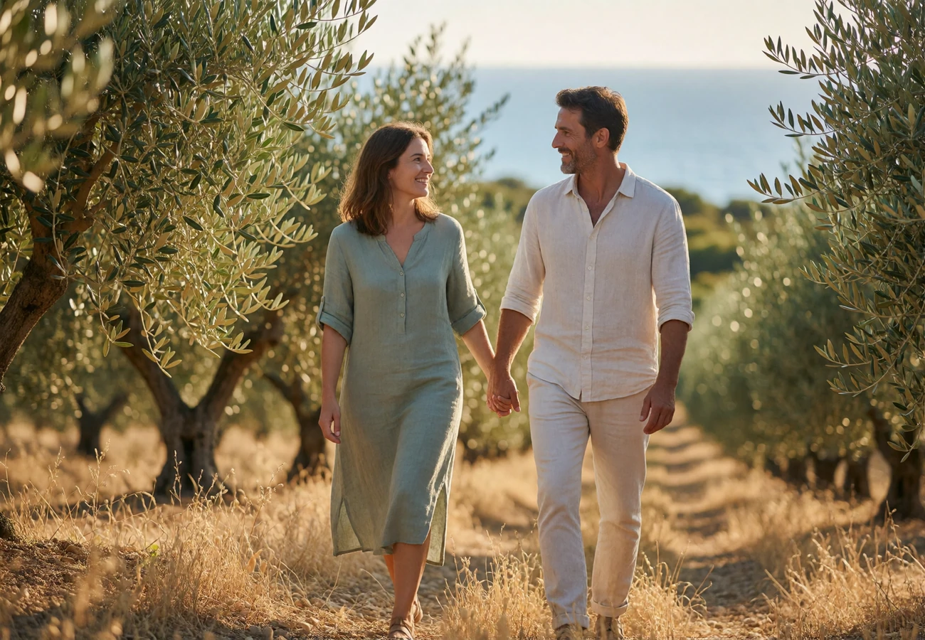 Couple walking hand in hand through a sunlit olive grove on a Cypriot hillside above the sea