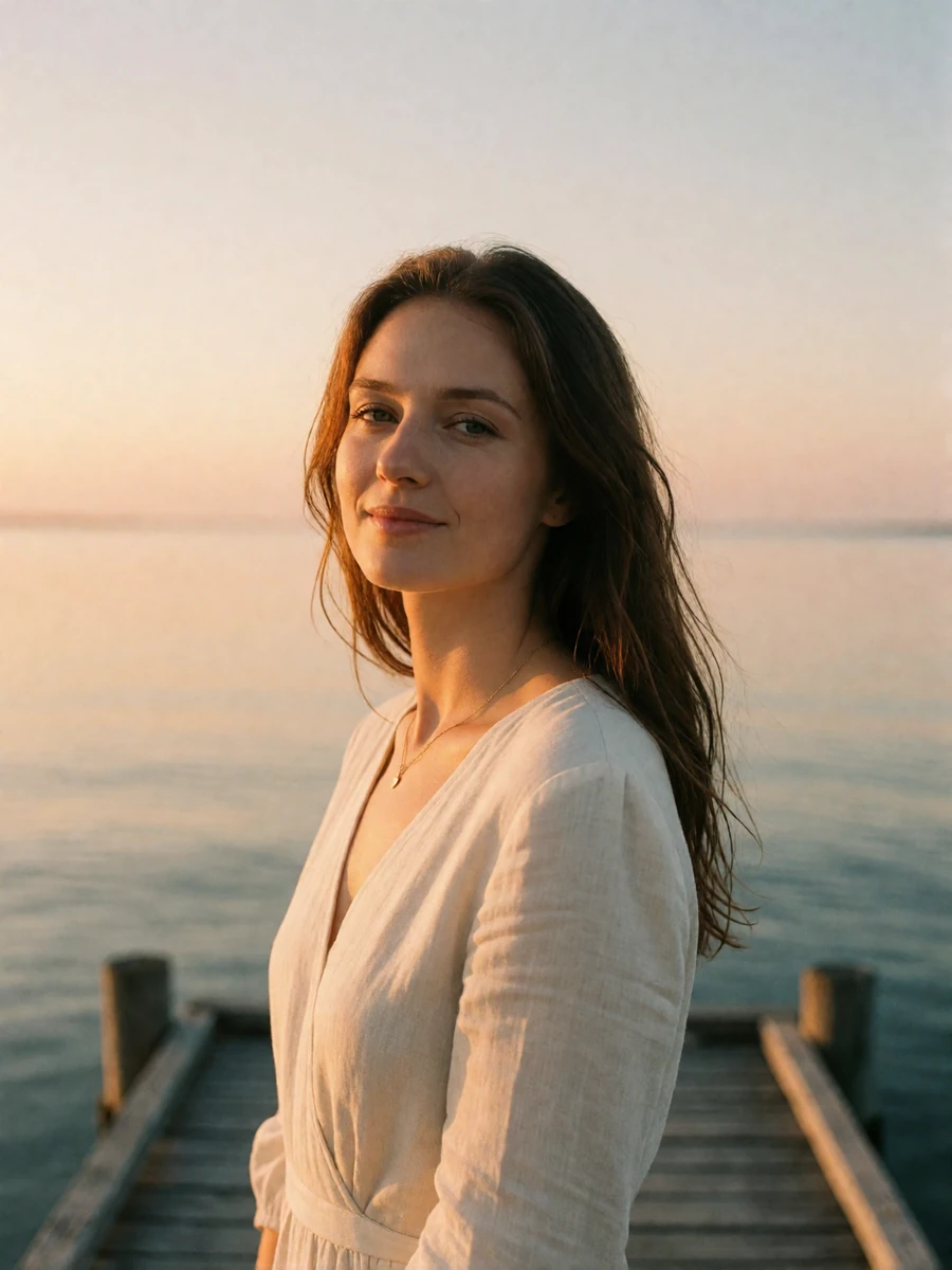 Latvian woman in an ivory linen dress standing on a wooden pier over the Baltic Sea at sunset