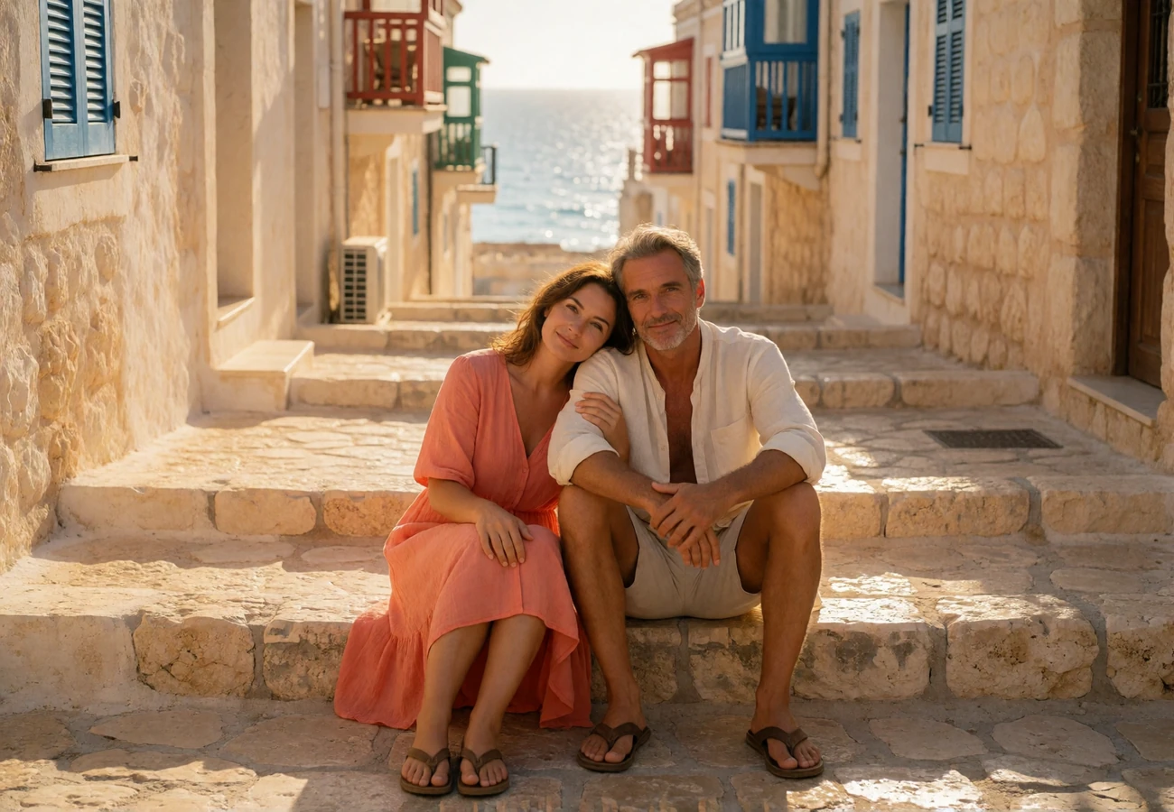 Couple in their forties sitting together on wide honey-limestone steps in a quiet Mediterranean island town at golden hour